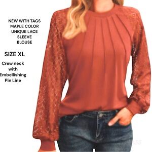 NEW WITH TAGS MAPLE 🍁 COLOR LACE SLEEVED UNIQUE BLOUSE-CREWNECK, Y2k-SIZE XL